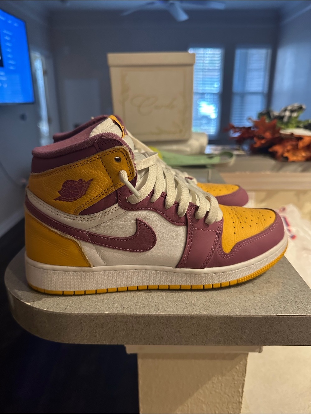 Jordan Women's High-Top Sneakers in Yellow, Purple & White